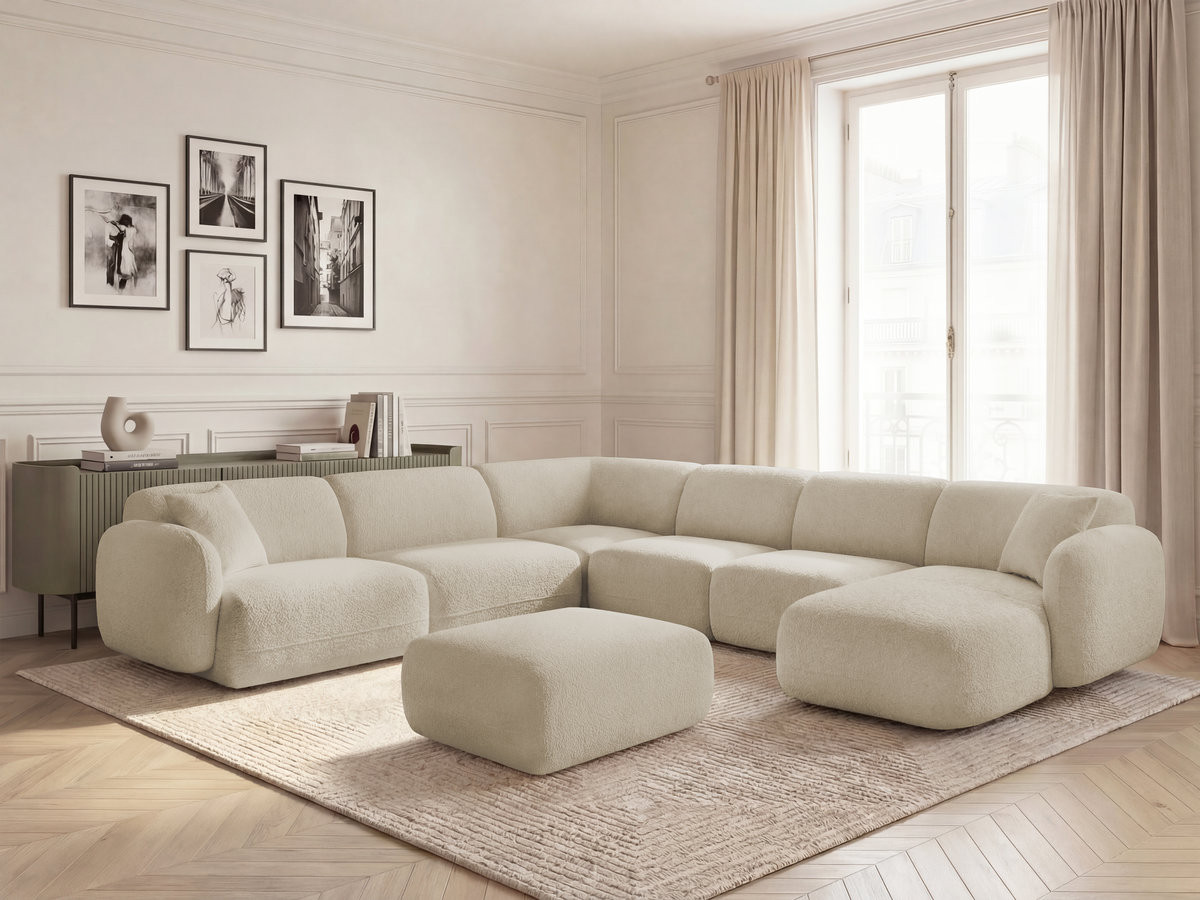Canapé panoramique fixe modulable ANDA avec 4 chauffeuses, 1 méridienne, 1 angle et 1 pouf