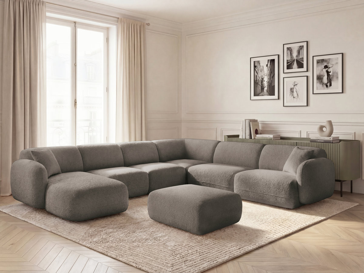 Canapé panoramique fixe modulable ANDA avec 4 chauffeuses, 1 méridienne, 1 angle et 1 pouf taupe  angle droit BOBOCHIC 6 places