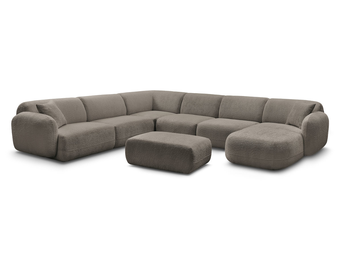 canapé panoramique fixe modulable anda avec 4 chauffeuses, 1 méridienne, 1 angle et 1 pouf de couleur taupe