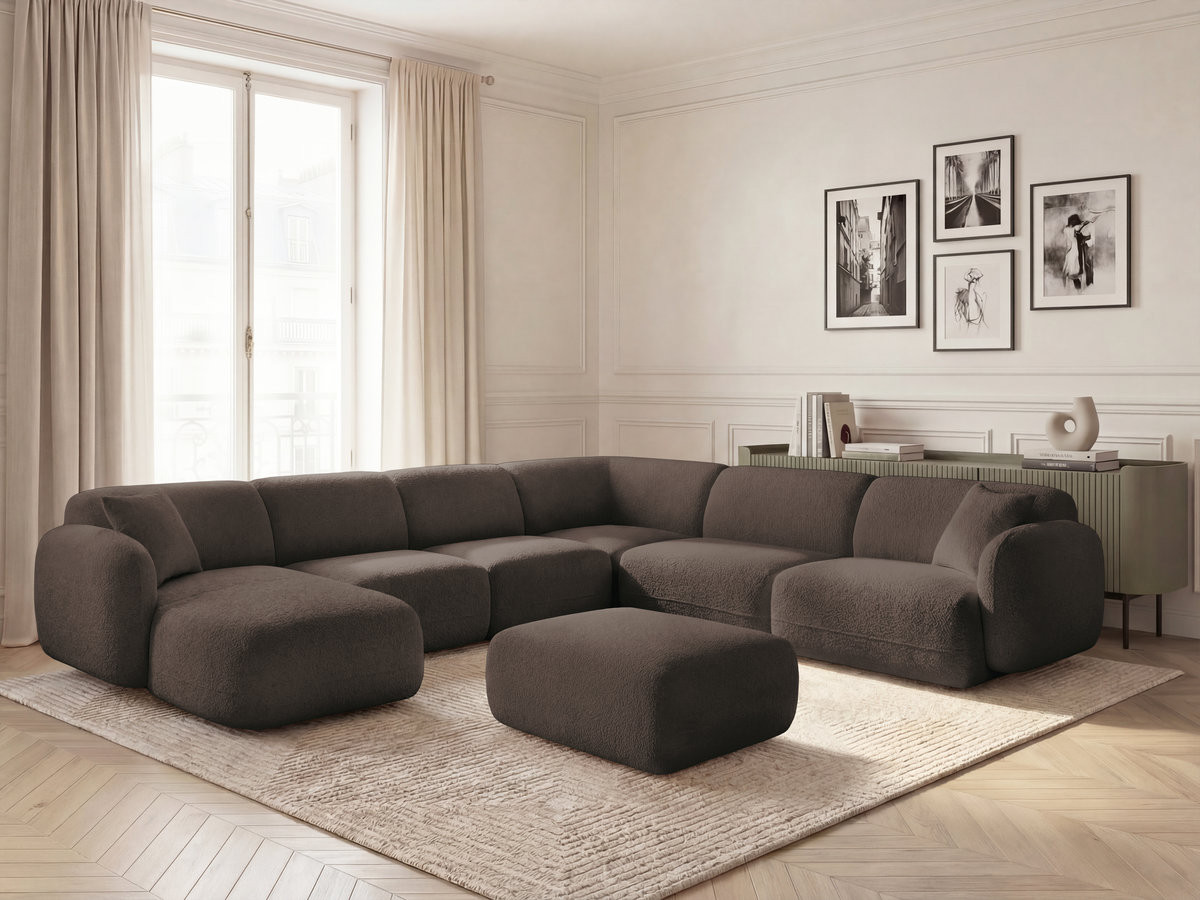 Canapé panoramique fixe modulable ANDA avec 4 chauffeuses, 1 méridienne, 1 angle et 1 pouf marron  angle droit BOBOCHIC 6 places