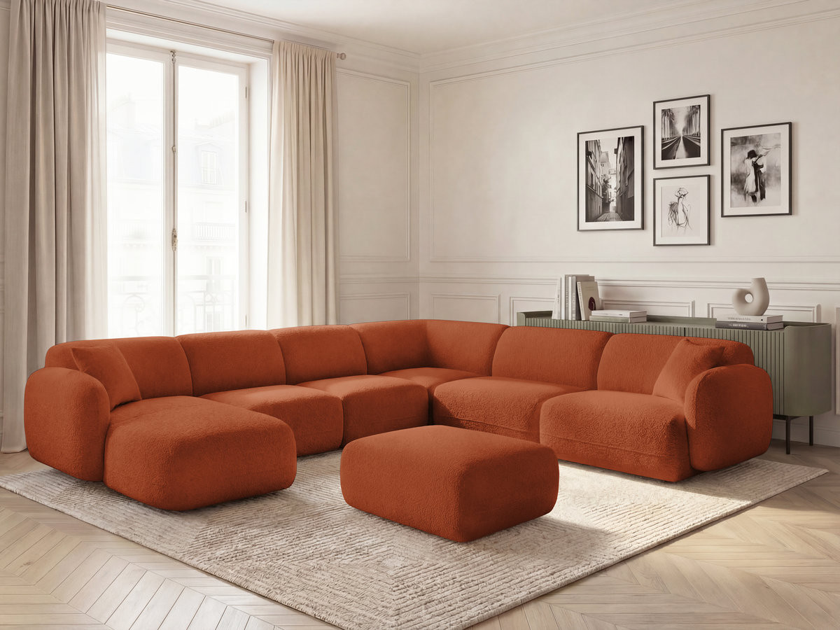Canapé panoramique fixe modulable ANDA avec 4 chauffeuses, 1 méridienne, 1 angle et 1 pouf orange  angle droit BOBOCHIC 6 places