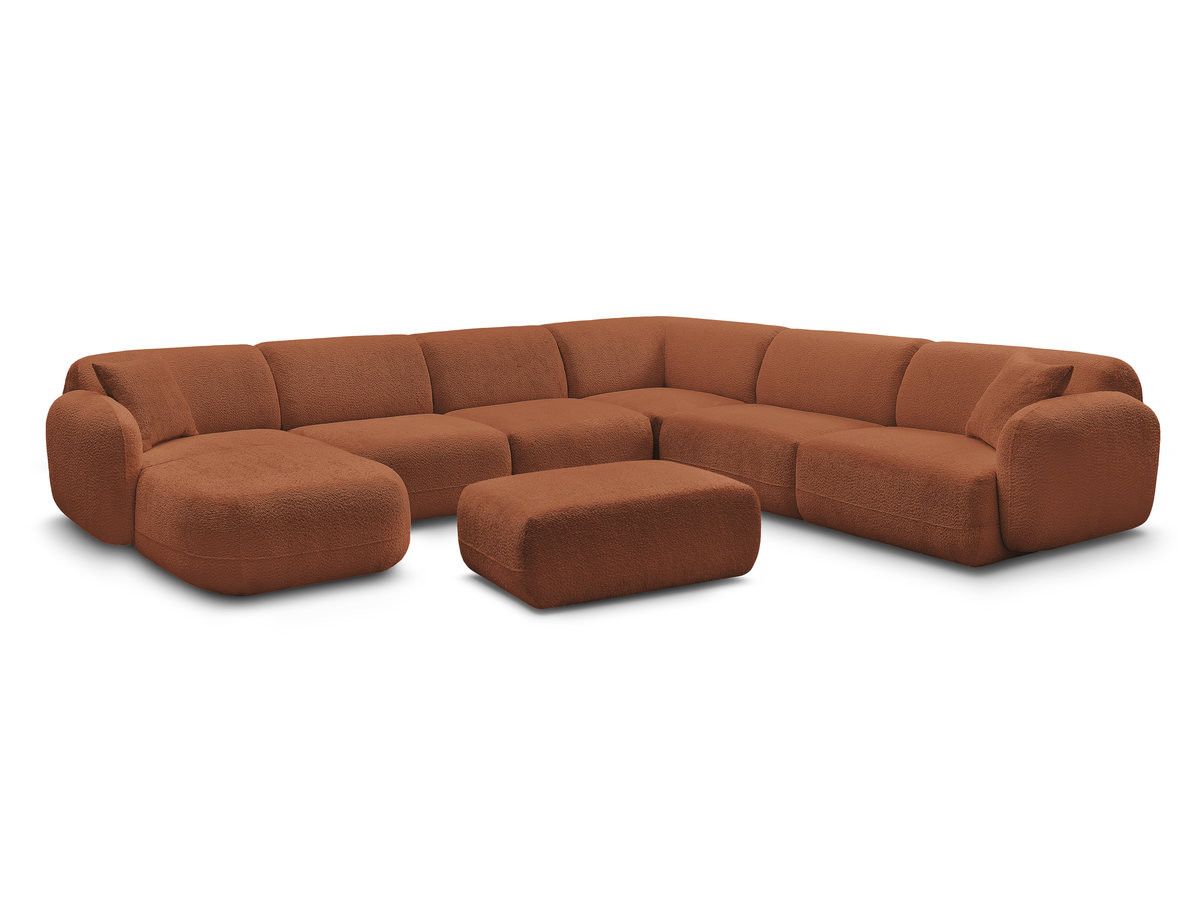 canapé panoramique fixe modulable anda avec 4 chauffeuses, 1 méridienne, 1 angle et 1 pouf de couleur orange