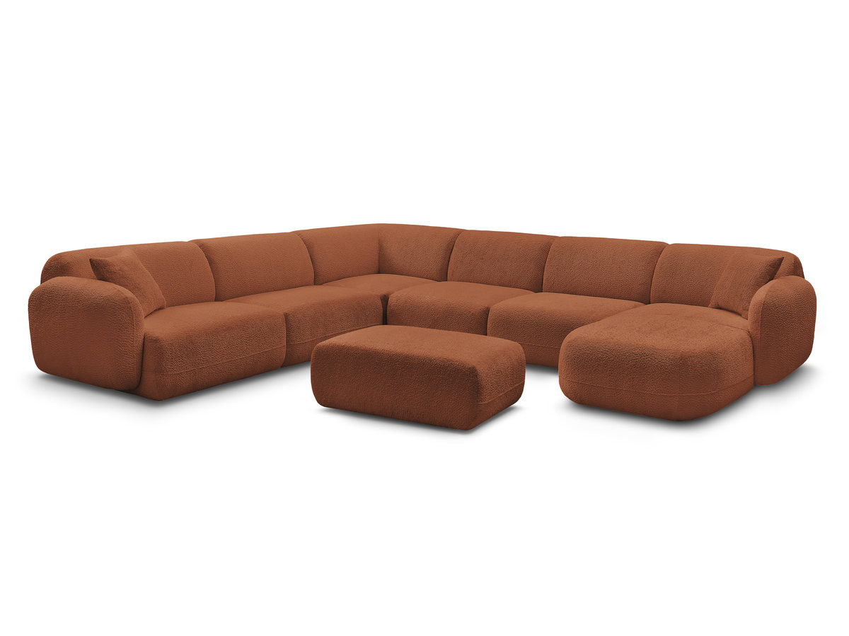canapé panoramique fixe modulable anda avec 4 chauffeuses, 1 méridienne, 1 angle et 1 pouf de couleur orange