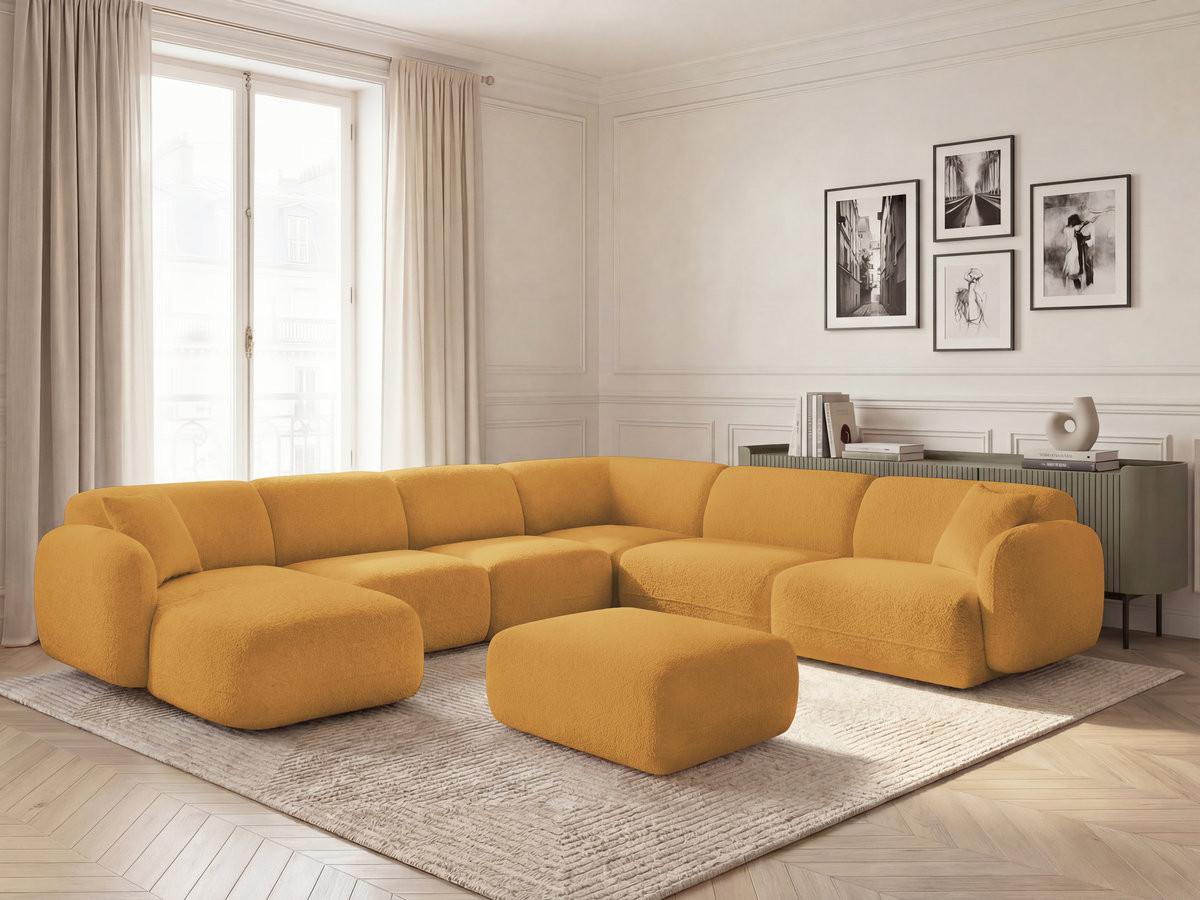 Canapé panoramique fixe modulable ANDA avec 4 chauffeuses, 1 méridienne, 1 angle et 1 pouf jaune  angle droit BOBOCHIC 6 places