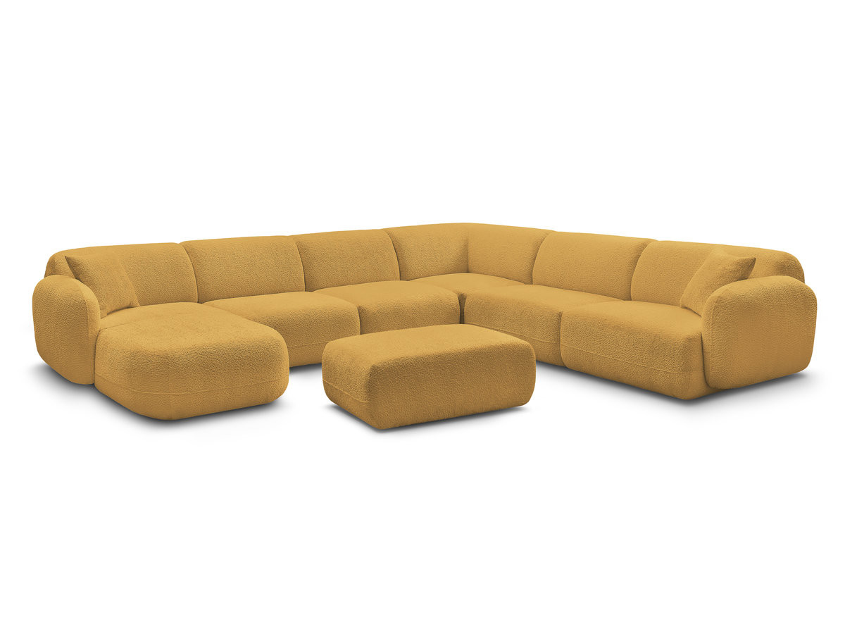 canapé panoramique fixe modulable anda avec 4 chauffeuses, 1 méridienne, 1 angle et 1 pouf de couleur jaune