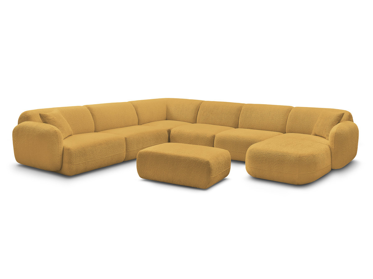 canapé panoramique fixe modulable anda avec 4 chauffeuses, 1 méridienne, 1 angle et 1 pouf de couleur jaune