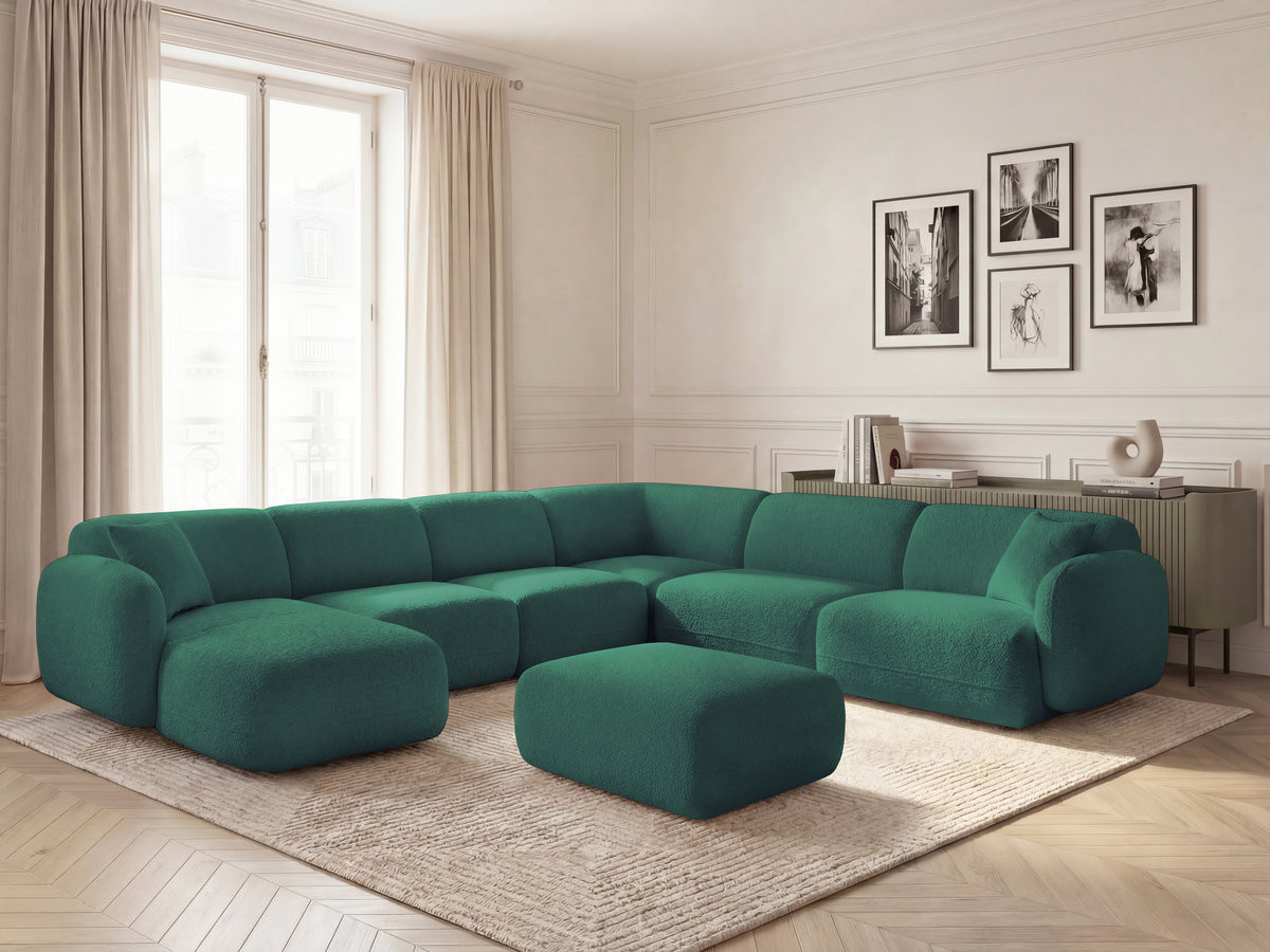 Canapé panoramique fixe modulable ANDA avec 4 chauffeuses, 1 méridienne, 1 angle et 1 pouf vert foncé  angle droit BOBOCHIC 6 places