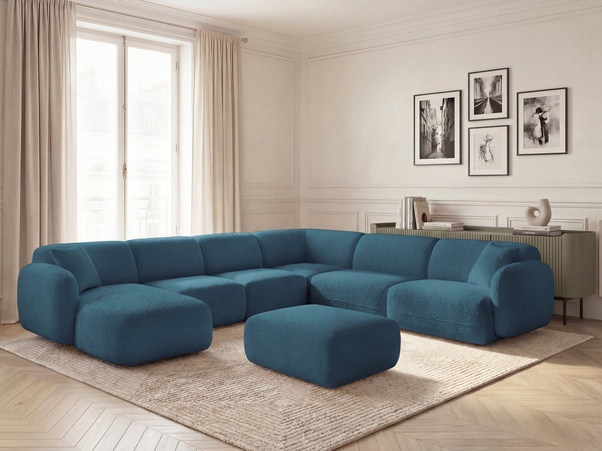 Canapé panoramique fixe modulable ANDA avec 4 chauffeuses, 1 méridienne, 1 angle et 1 pouf bleu clair  angle droit BOBOCHIC 6 places