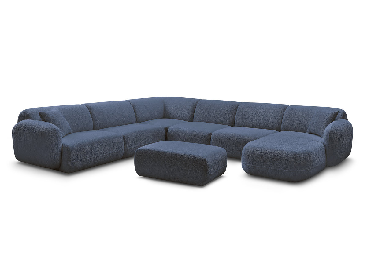 canapé panoramique fixe modulable anda avec 4 chauffeuses, 1 méridienne, 1 angle et 1 pouf de couleur bleu foncé