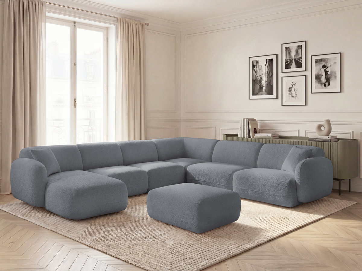 Canapé panoramique fixe modulable ANDA avec 4 chauffeuses, 1 méridienne, 1 angle et 1 pouf gris  angle droit BOBOCHIC 6 places