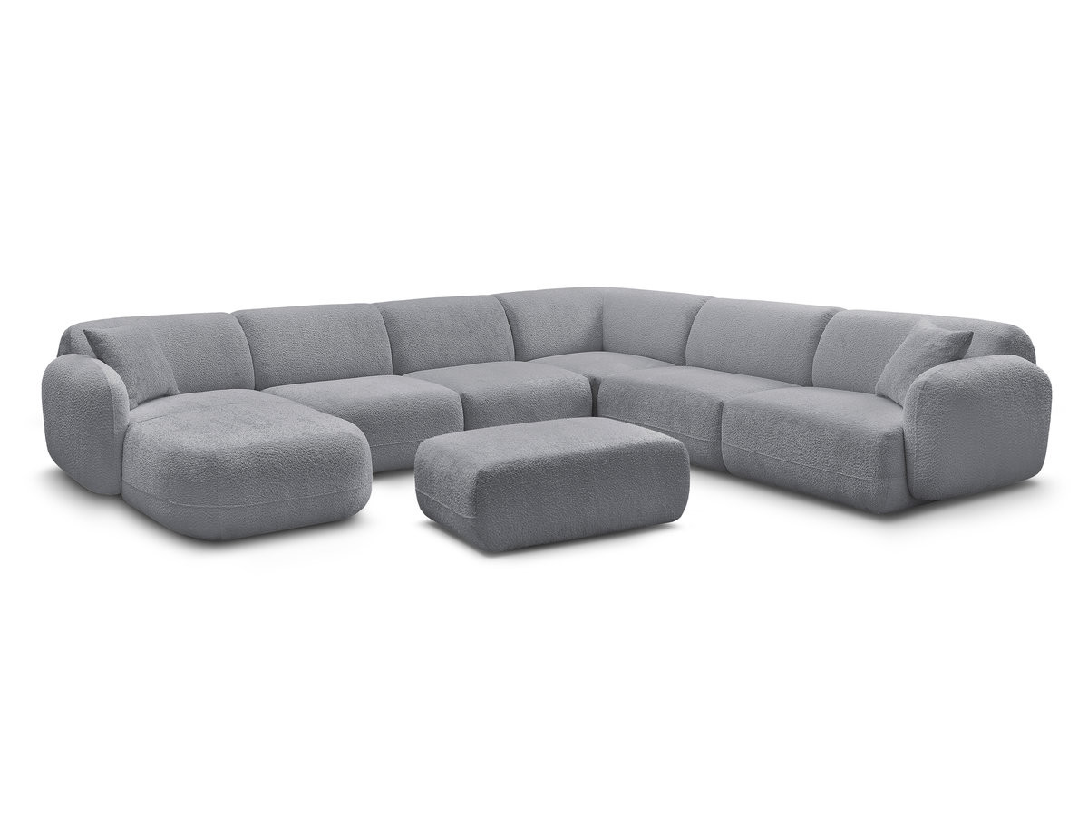 canapé panoramique fixe modulable anda avec 4 chauffeuses, 1 méridienne, 1 angle et 1 pouf de couleur gris