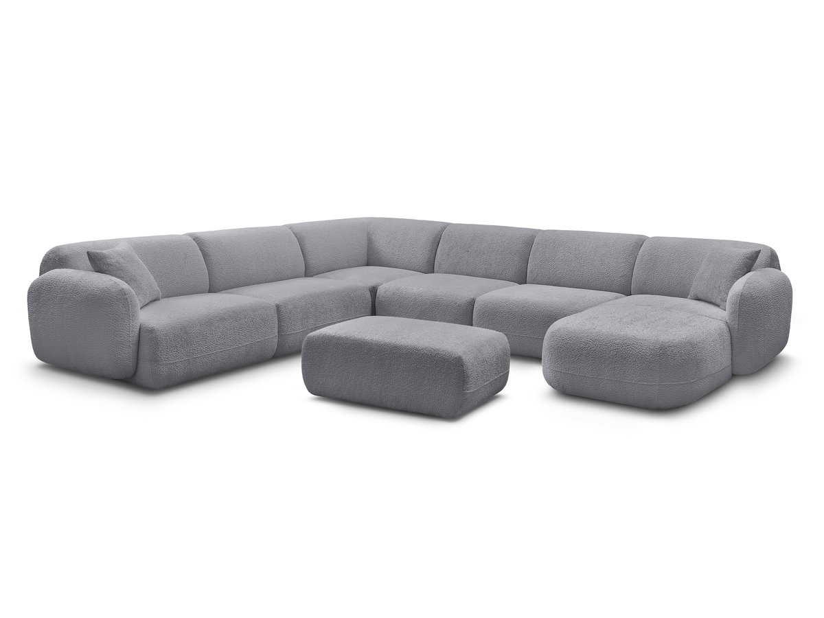 canapé panoramique fixe modulable anda avec 4 chauffeuses, 1 méridienne, 1 angle et 1 pouf de couleur gris