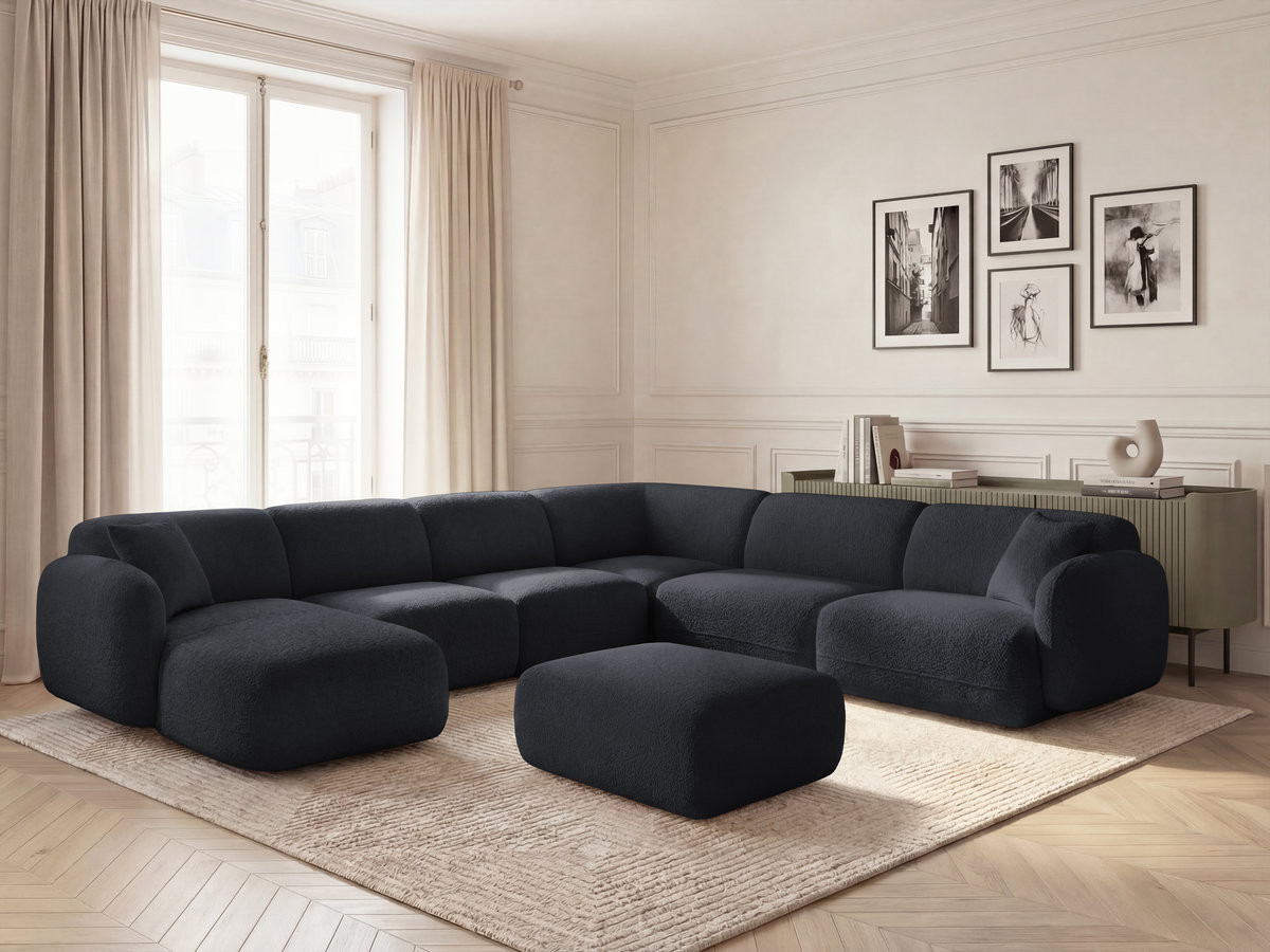 Canapé panoramique fixe modulable ANDA avec 4 chauffeuses, 1 méridienne, 1 angle et 1 pouf noir  angle droit BOBOCHIC 6 places