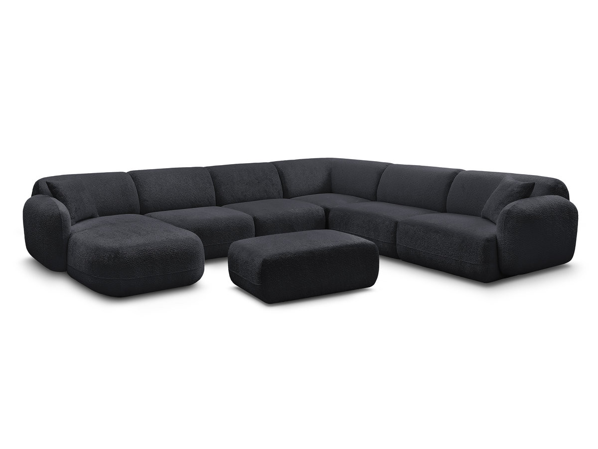 canapé panoramique fixe modulable anda avec 4 chauffeuses, 1 méridienne, 1 angle et 1 pouf de couleur noir