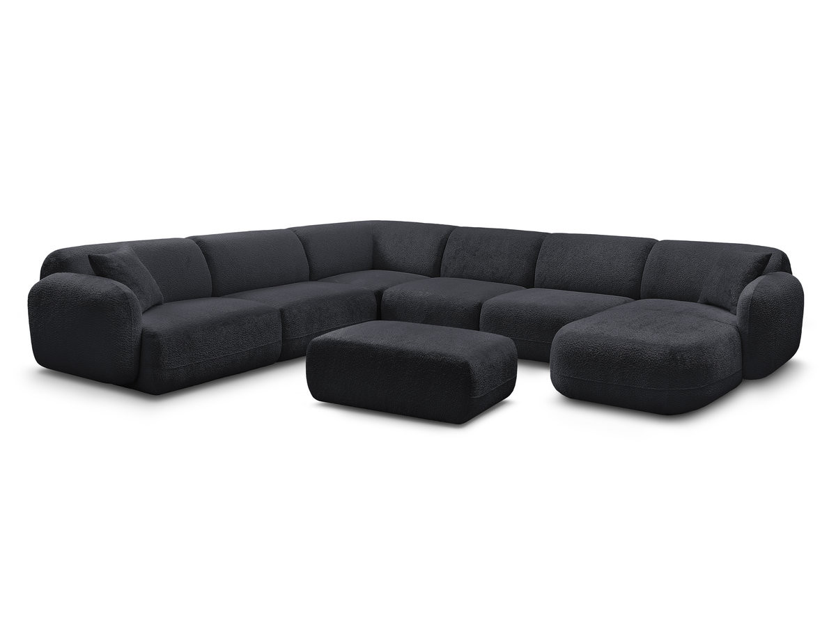 canapé panoramique fixe modulable anda avec 4 chauffeuses, 1 méridienne, 1 angle et 1 pouf de couleur noir
