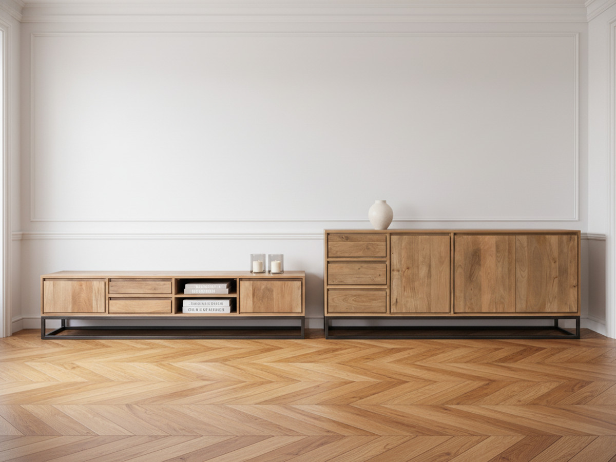 Ensemble BERGERAC avec buffet 190 cm + meuble TV 200 cm bois massif de manguier — vue 4
