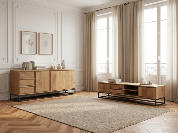 Ensemble BERGERAC avec buffet 190 cm + meuble TV 200 cm bois de manguier