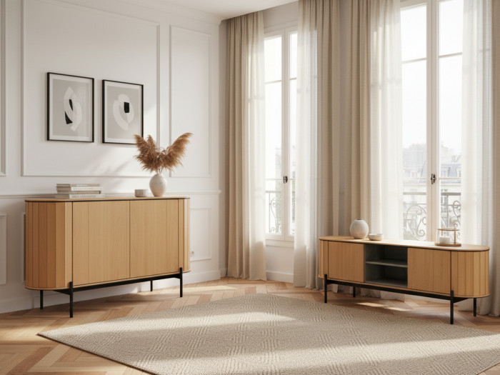 Ensemble AMBOISE avec buffet arrondi 124 cm + meuble TV 168 cm couleur chêne