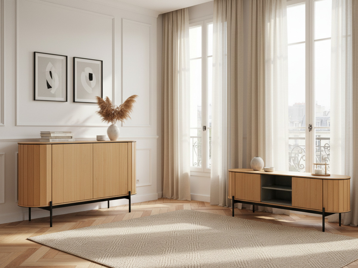 AMBOISE set met 124 cm afgerond dressoir + 168 cm eikenhouten tv-kast