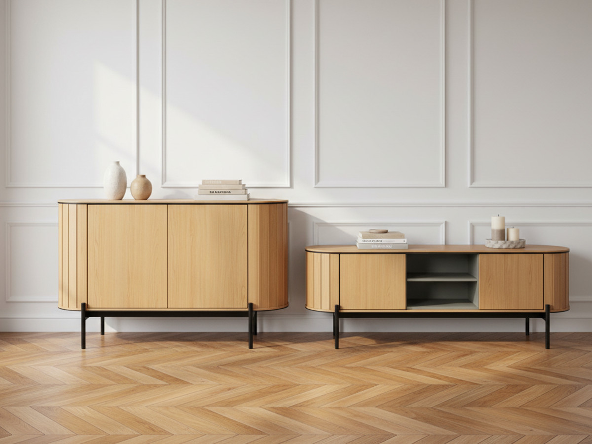 AMBOISE set met 124 cm afgerond dressoir + 168 cm eikenhouten tv-kast