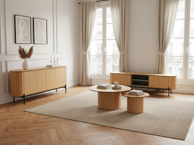 Ensemble AMBOISE avec buffet arrondi 200 cm + meuble TV 200 cm + 2 tables basses couleur chêne