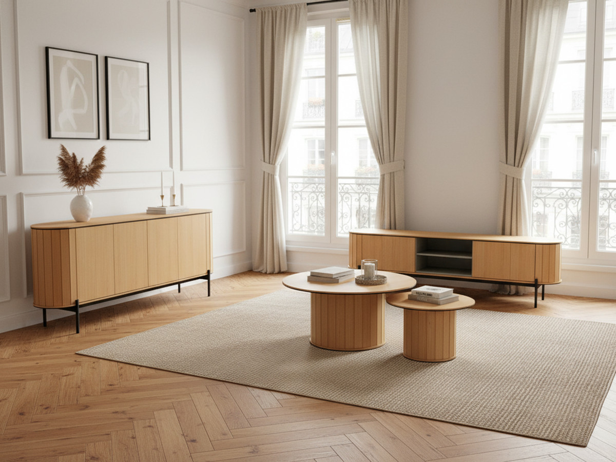 AMBOISE set met 200 cm afgerond dressoir + 200 cm tv-meubel + 2 eikenhouten salontafels