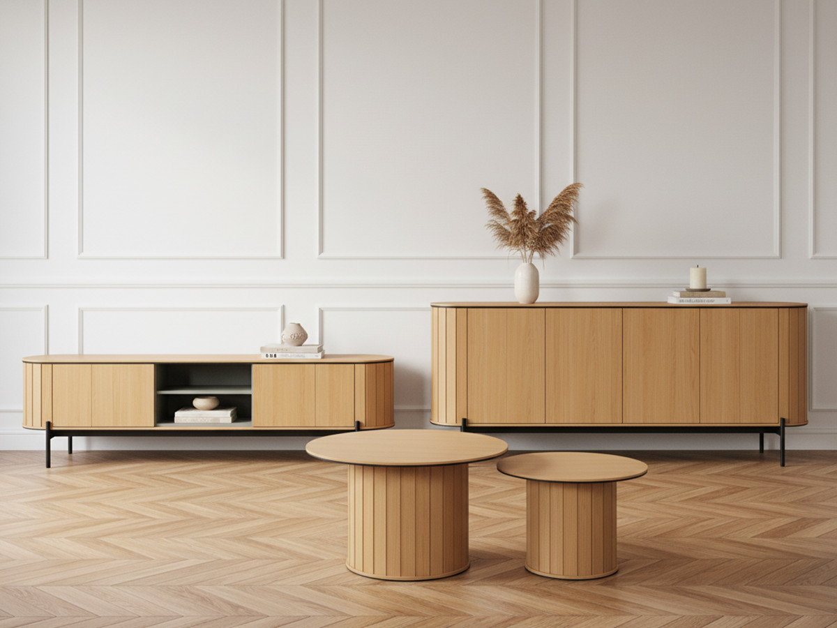 AMBOISE set met 200 cm afgerond dressoir + 200 cm tv-meubel + 2 eikenhouten salontafels