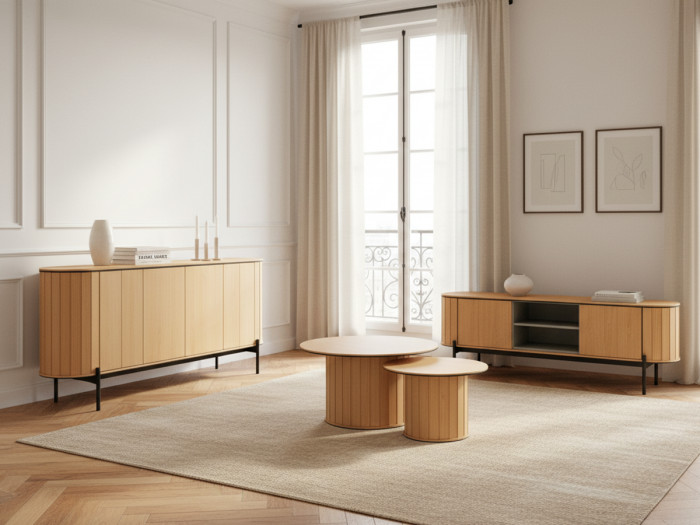 Ensemble AMBOISE avec buffet arrondi 168 cm + meuble TV 168 cm + 2 tables basses couleur chêne