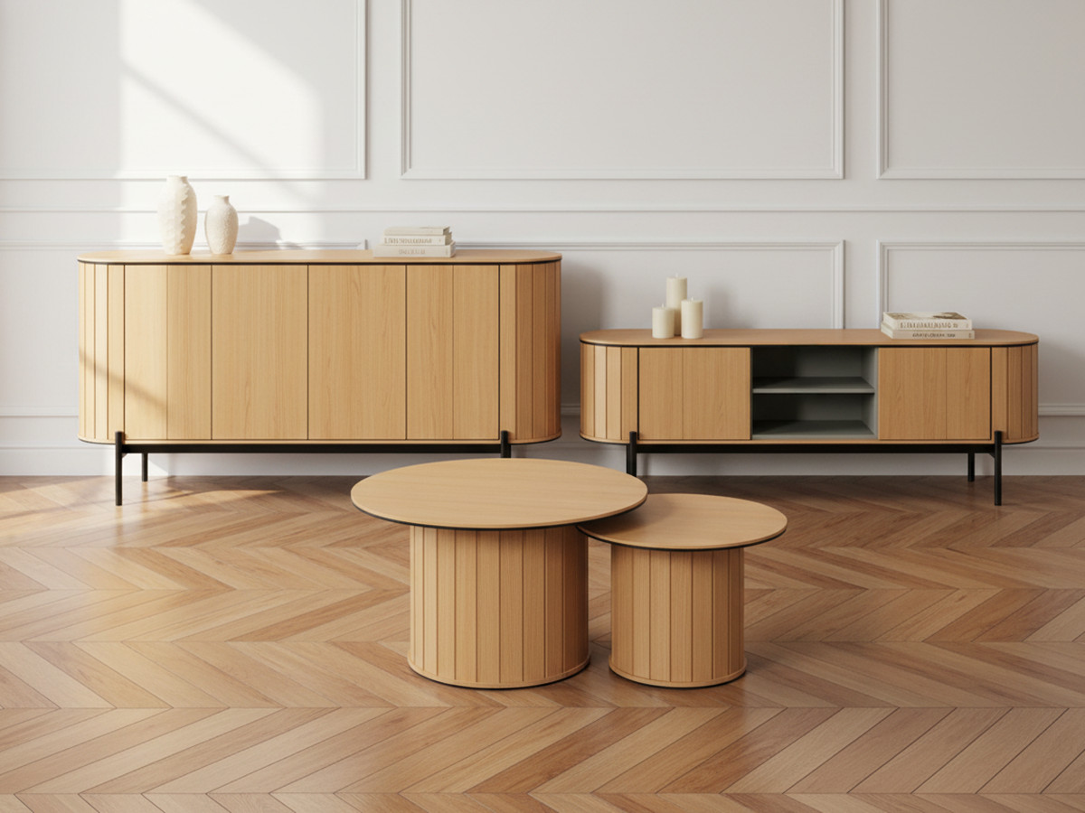 AMBOISE set met 168 cm afgerond dressoir + 168 cm tv-meubel + 2 eikenhouten salontafels