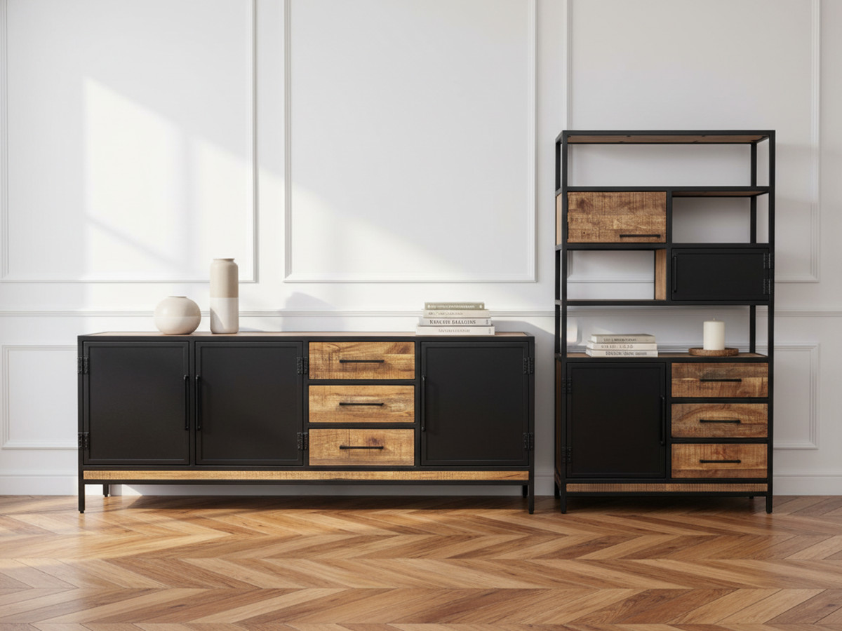 BEAUBOURG Set met 200 cm dressoir + mangohouten boekenkast