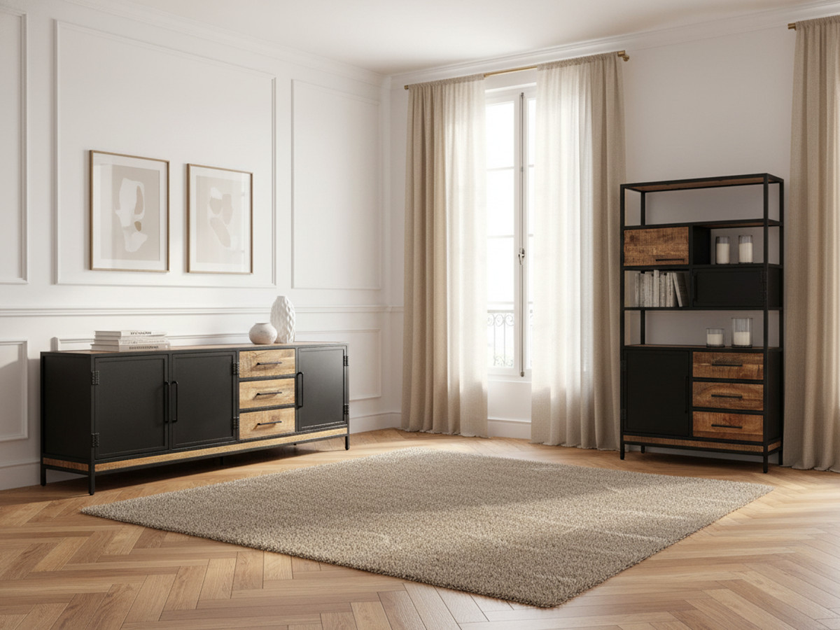 BEAUBOURG Set met 200 cm dressoir + mangohouten boekenkast