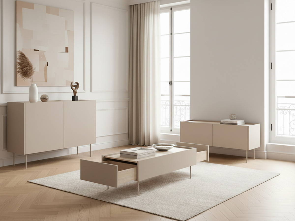 Ensemble ATLAS avec buffet 120 cm + meuble TV 120 cm + table basse 120 cm beige — vue 4