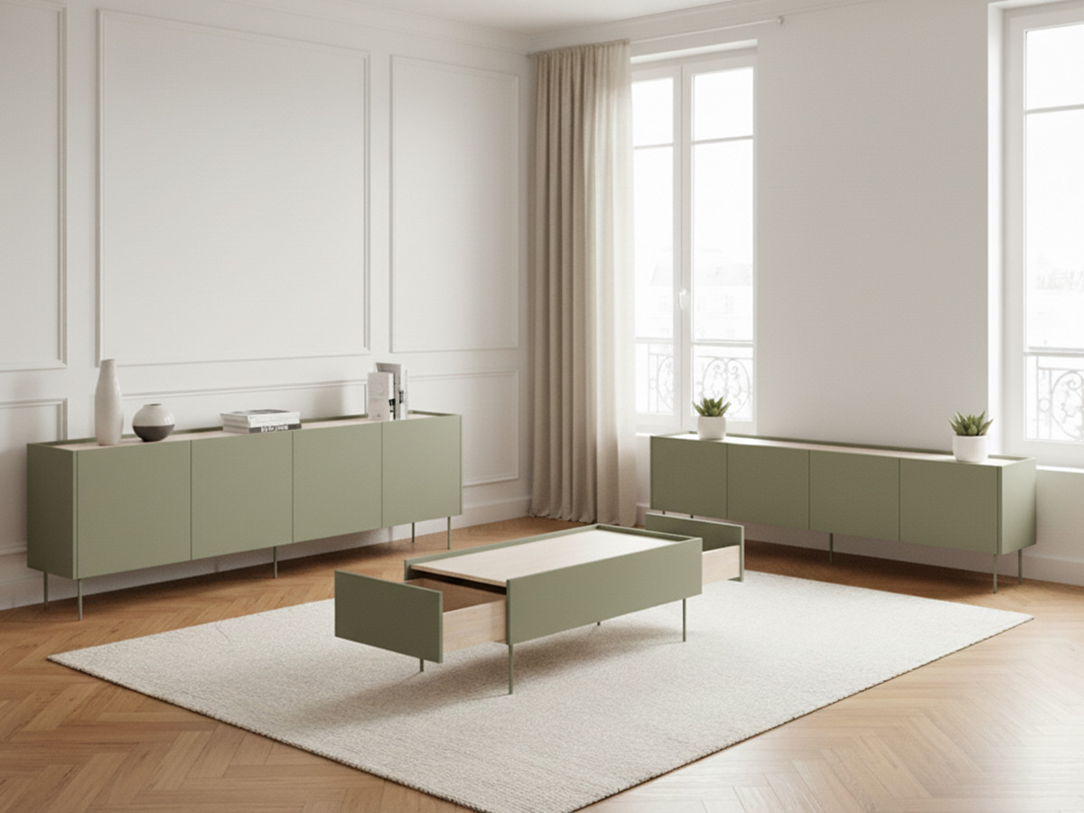 Ensemble ATLAS avec buffet 220 cm + meuble TV 220 cm + table basse 120 cm vert — vue 4