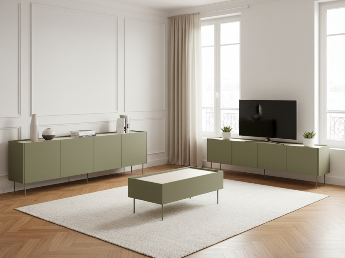 Ensemble ATLAS avec buffet 220 cm + meuble TV 220 cm + table basse 120 cm vert — vue 6