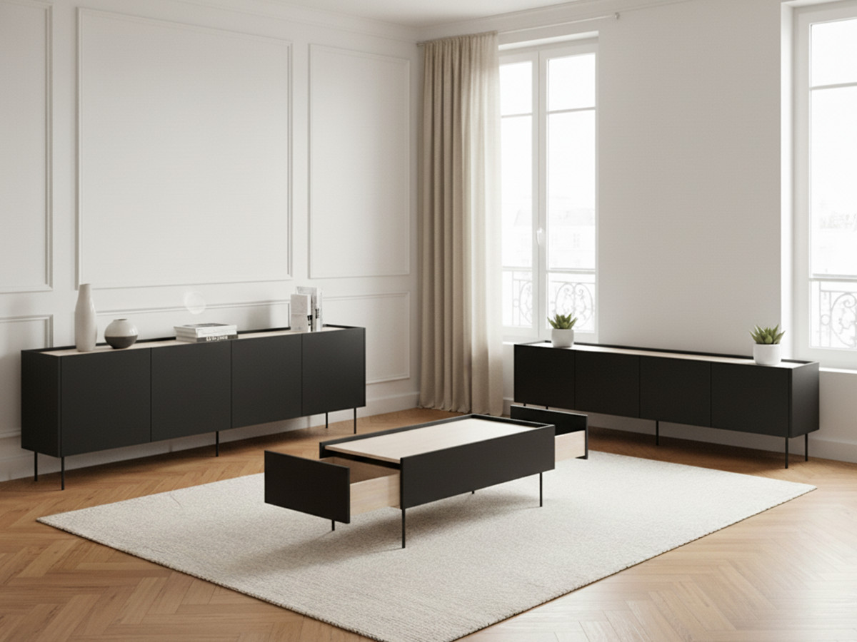 Ensemble ATLAS avec buffet 220 cm + meuble TV 220 cm + table basse 120 cm noir — vue 4
