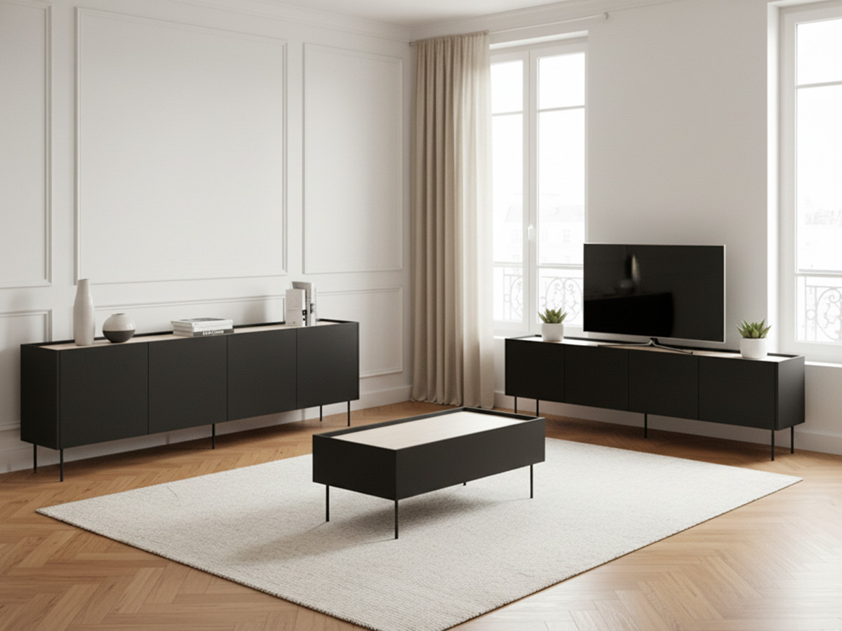 Ensemble ATLAS avec buffet 220 cm + meuble TV 220 cm + table basse 120 cm noir — vue 6
