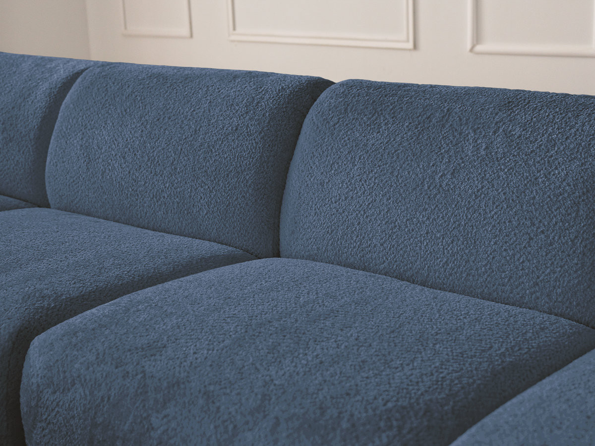 ANDA modulaire hoekbank met vaste zitting, bekleed met chenillestof en inclusief voetenbank.