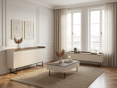 Ensemble LOUNA avec buffet 166 cm + meuble TV 166 cm + table basse beige et effet bois avec tasseaux et LED