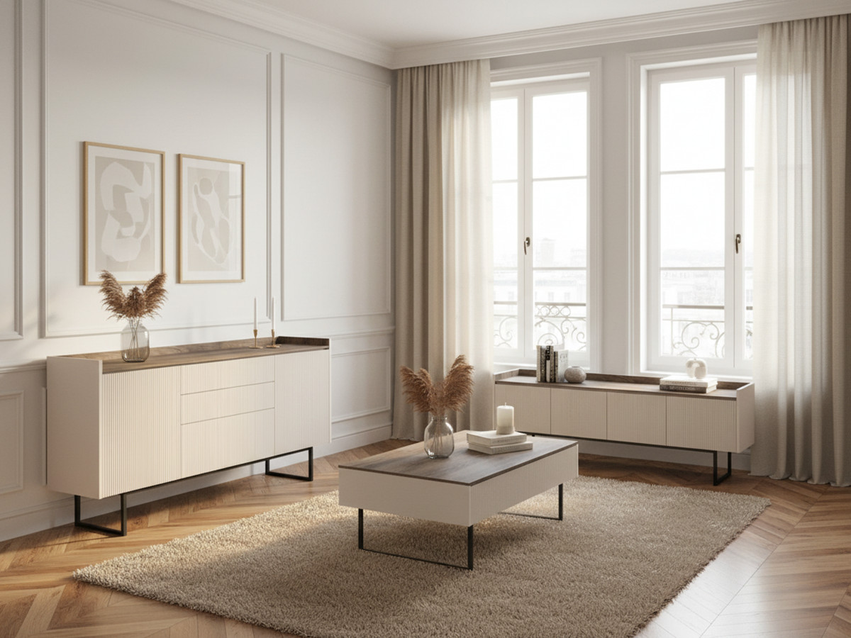 LOUNA set met 166 cm dressoir + 166 cm tv-meubel + beige en houtlook salontafel met noppen en led-verlichting