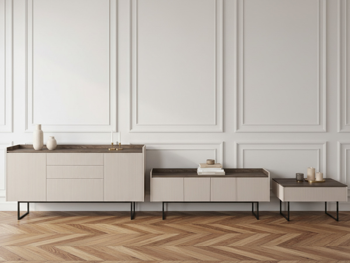 LOUNA set met 192 cm dressoir + 192 cm tv-meubel + beige en houtlook salontafel met noppen en led-verlichting