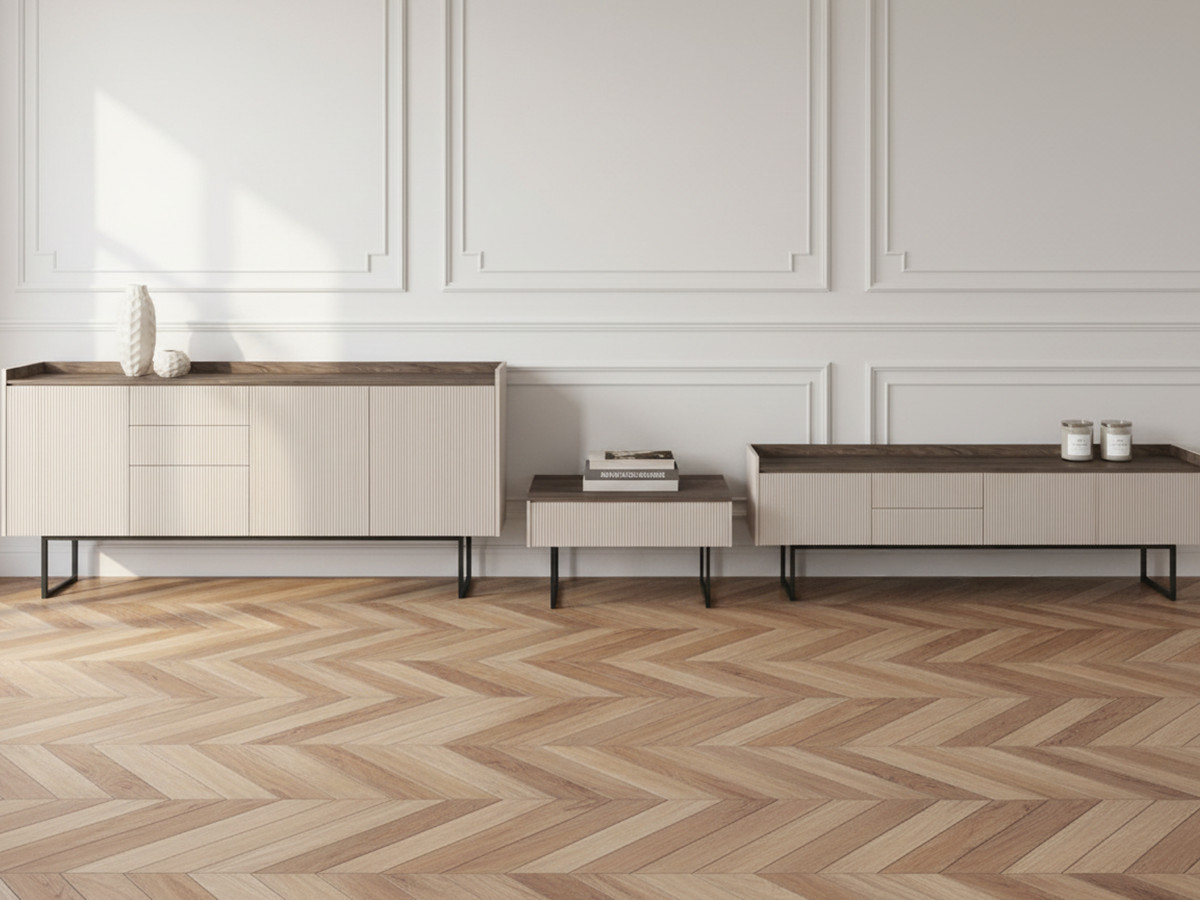 Ensemble LOUNA avec buffet 192 cm + meuble TV 192 cm + table basse beige et effet bois avec tasseaux et LED — vue 6