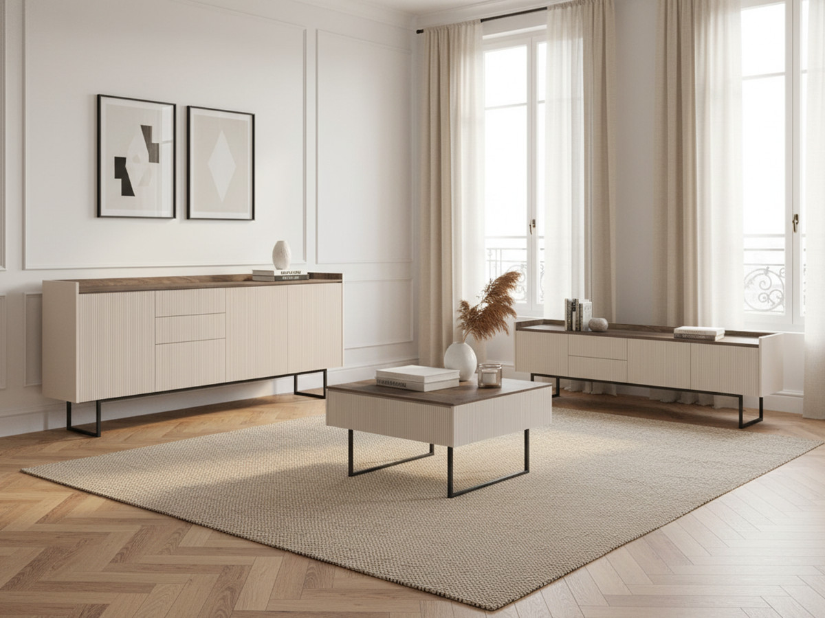 LOUNA set met 192 cm dressoir + 192 cm tv-meubel + beige en houtlook salontafel met noppen en led-verlichting