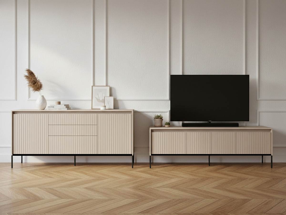 Ensemble LENARA avec buffet 166 cm + meuble TV 167 cm avec tasseaux et LED beige — vue 4