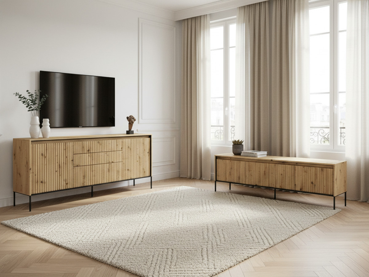 LENARA set met 166 cm dressoir + 167 cm tv-meubel met noppen en led-verlichting