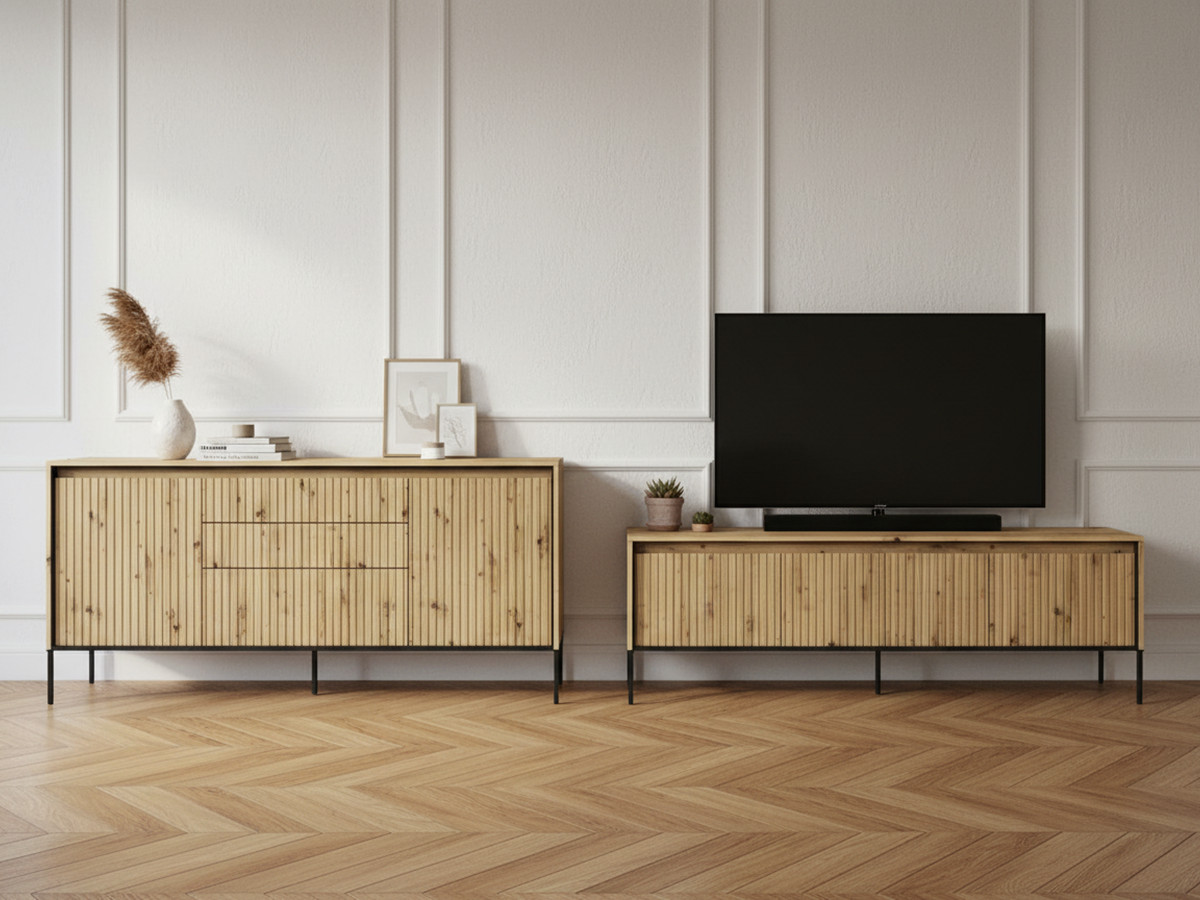Ensemble LENARA avec buffet 166 cm + meuble TV 167 cm avec tasseaux et LED marron clair — vue 4
