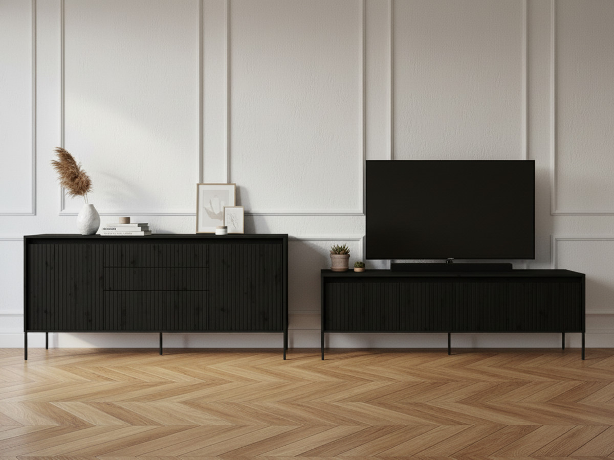 Ensemble LENARA avec buffet 166 cm + meuble TV 167 cm avec tasseaux et LED noir — vue 4