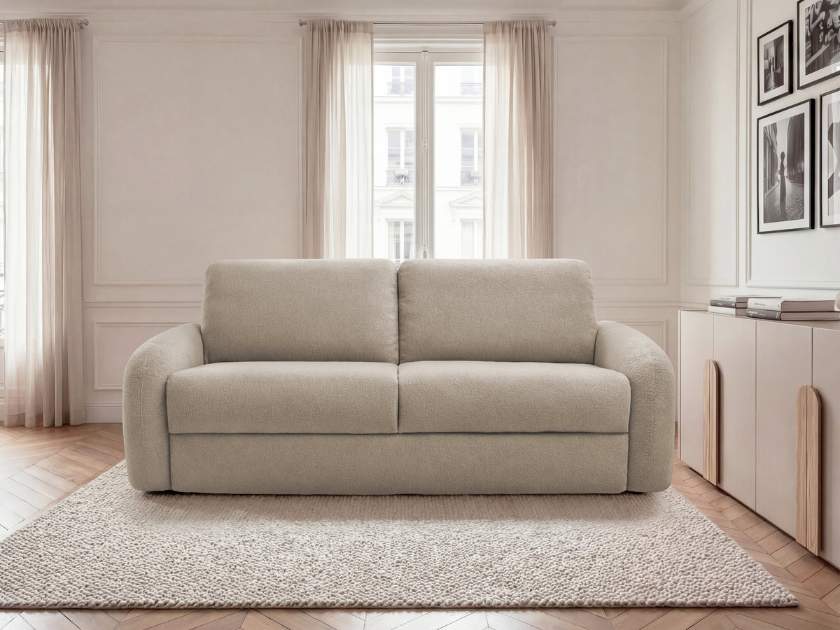 Canapé droit convertible KENAN ouverture express tissu bouclette