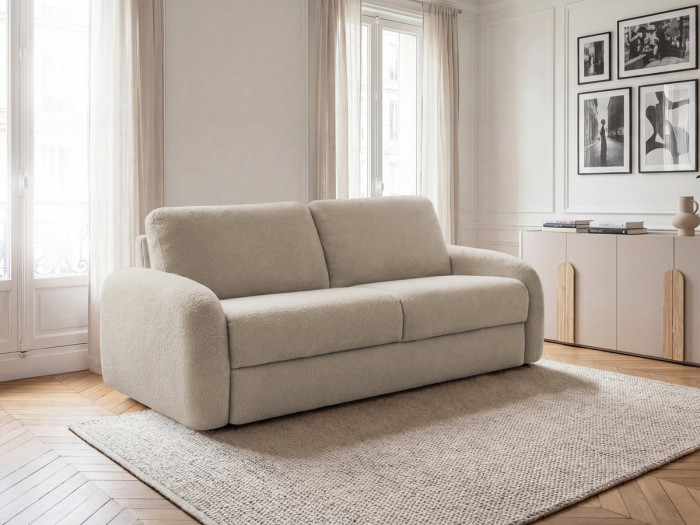 Canapé droit convertible MIKI ouverture express tissu bouclette