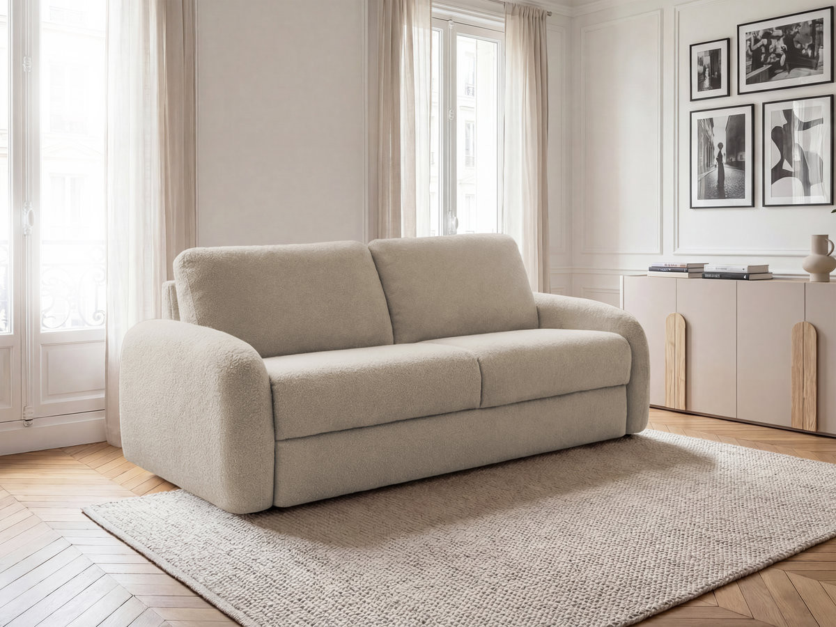 Canapé droit convertible MIKI ouverture express tissu bouclette