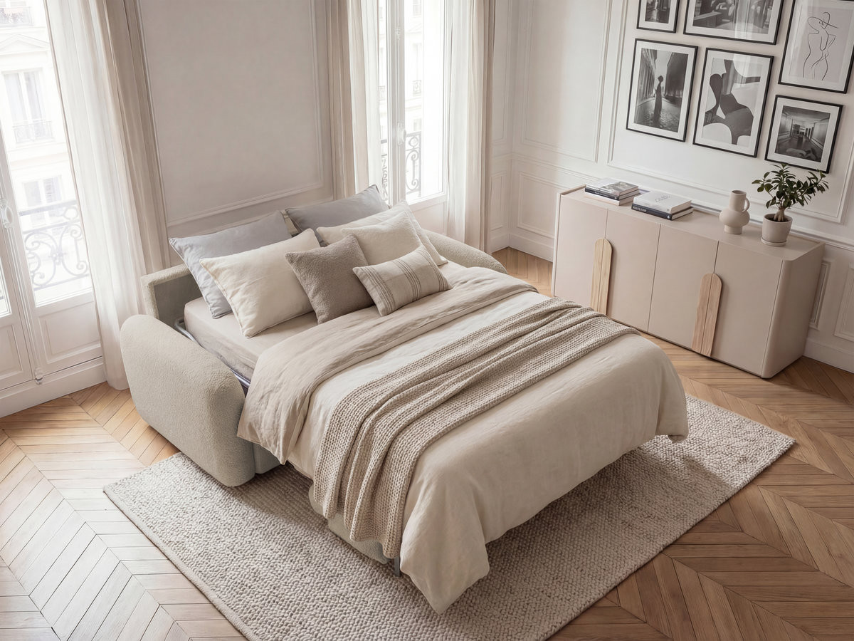 Canapé droit convertible KENAN ouverture express tissu bouclette